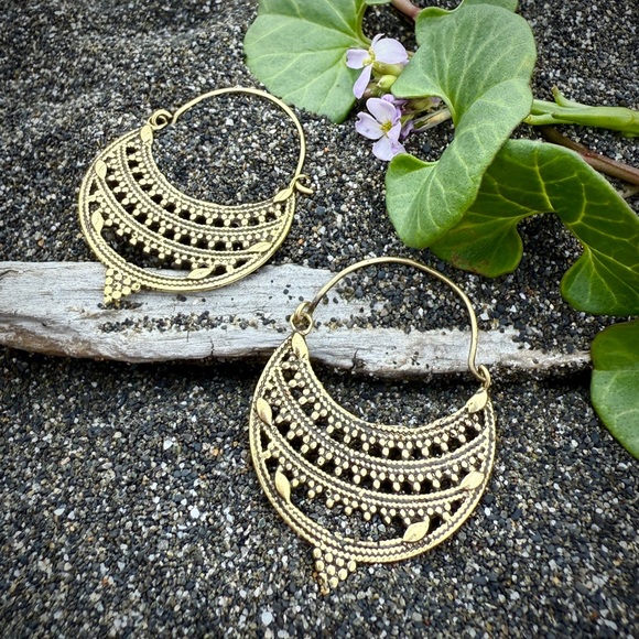 Indonesian Brass Mandala Crescent Moon Dangle Hoop Earrings - Picture 8 of 12